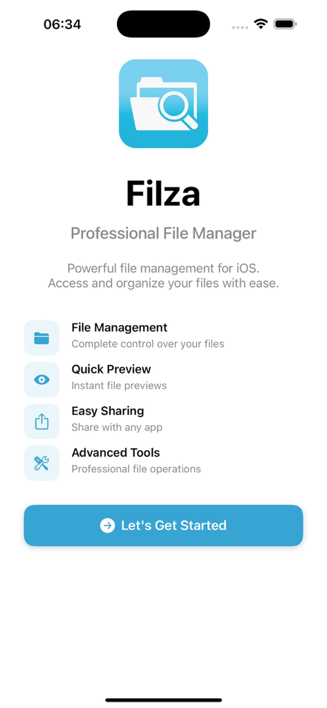 Filza: File Manager Pro - Filza File Manager Pro welcome screen highlighting professional file management features like quick preview and advanced tools.