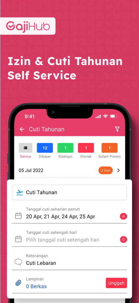 Gajihub - Payroll & Absensi - Interface do aplicativo móvel para solicitar licença anual e tarefas de RH de autoatendimento do funcionário.
