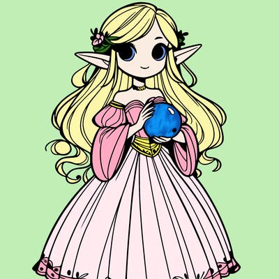 a girl with giant elf ears and is a dress holding a orb in her hands