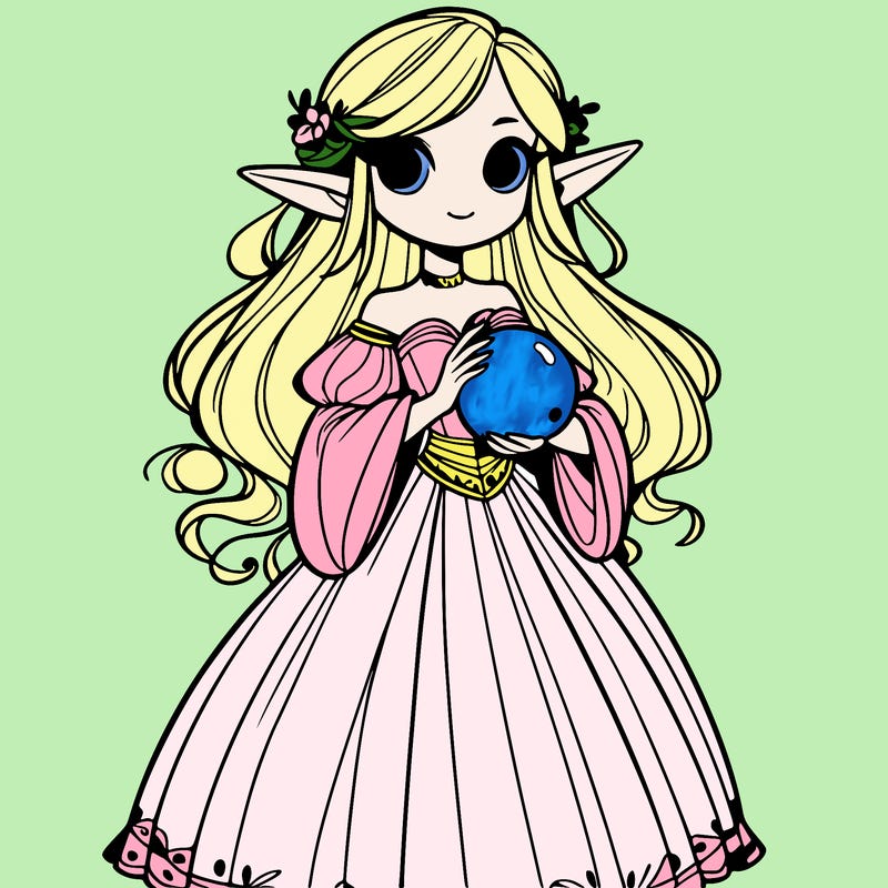 a girl with giant elf ears and is a dress holding a orb in her hands
