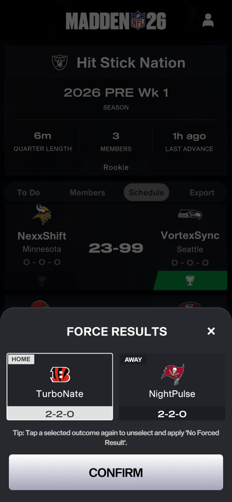 Madden NFL 26 Companion app showing the force results pop up for a franchise league matchup between the Bengals and Buccaneers