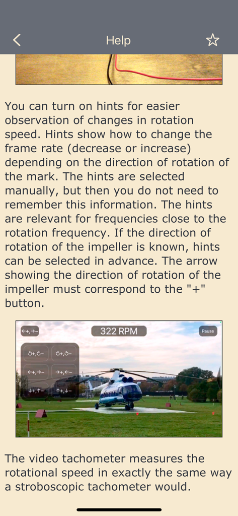Video tachometer for business - Help screen for the Video tachometer app showing a helicopter rotor measurement at 322 RPM