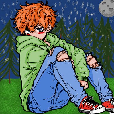 a male hoddie ripped jeans messy hair anime