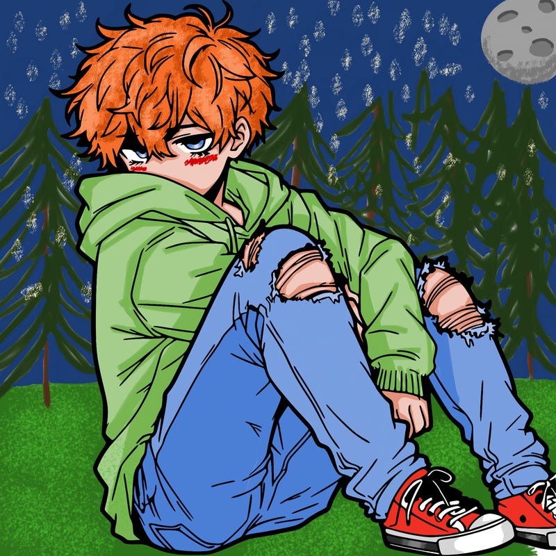 a male hoddie ripped jeans messy hair anime