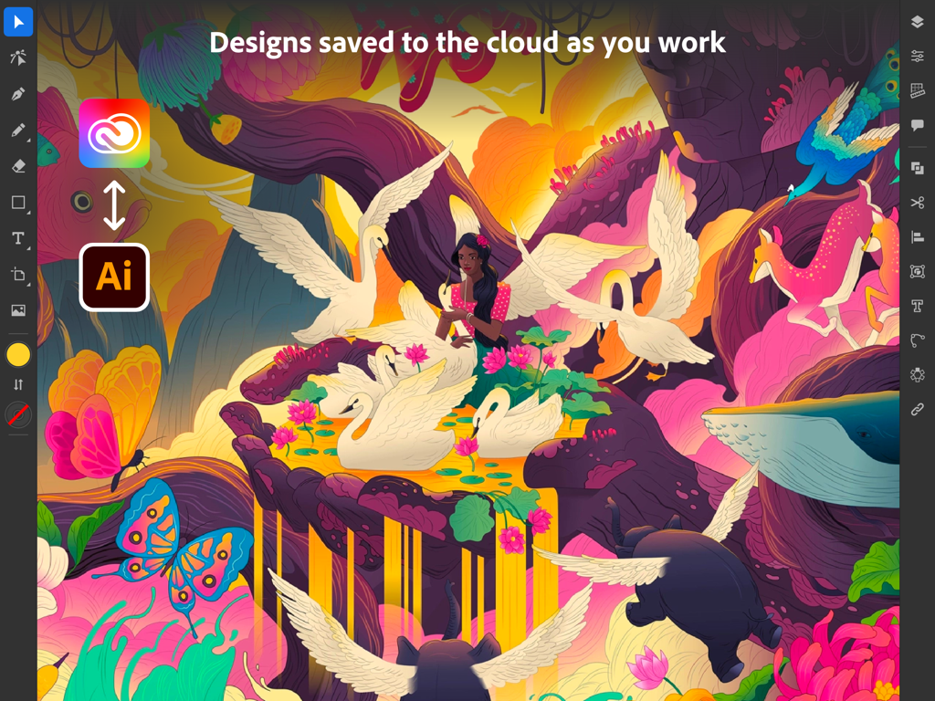 Adobe Illustrator iPad interface showing a surreal illustration and cloud sync icons