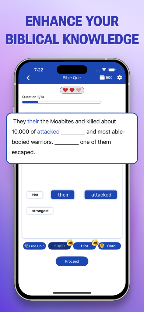 An interactive biblical knowledge quiz screen within the Message Bible Pro app featuring a fill-in-the-blank scripture question.