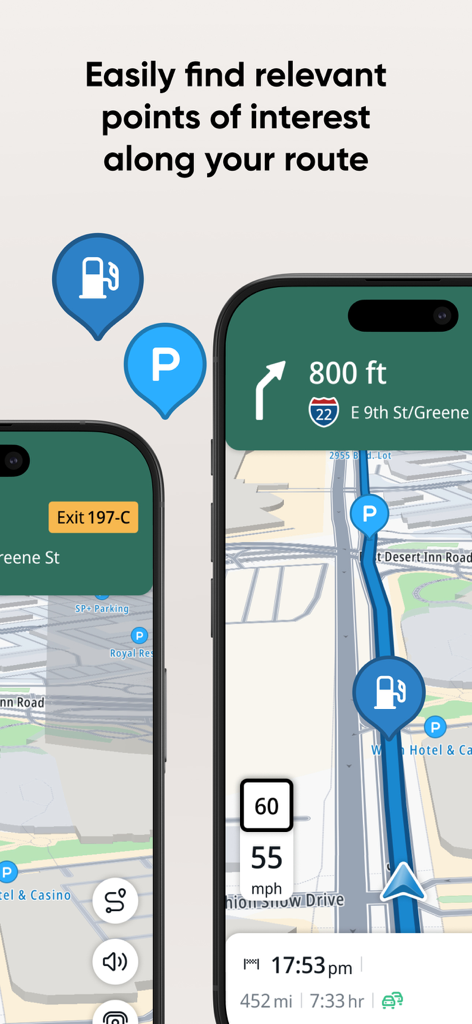 TomTom app interface showing gas and parking points of interest along a navigation route