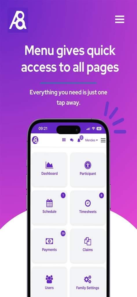 Ability8 - Ability8 mobile app dashboard featuring icons for schedule timesheets and payments management