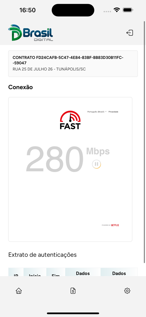 Brasil Digital Telecom - Brasil Digital Telecom app screen showing a 280 Mbps internet speed test and connection details