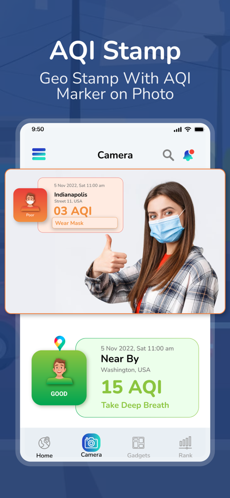 Air quality app camera feature with AQI photo stamp and location data