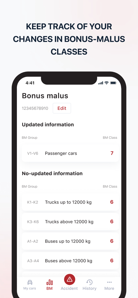 LTAB OCTA - LTAB OCTA mobile app screen displaying insurance bonus-malus classes for various vehicle categories