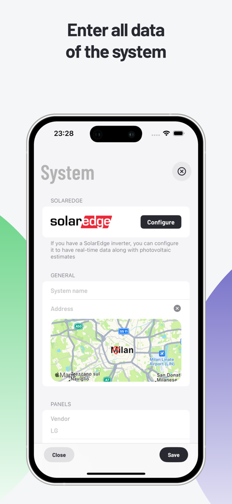 Kilowatt Solar Energy Forecast - Pantalla de configuración en la aplicación Kilowatt para la configuración y ubicación del sistema solar