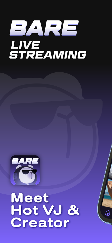 Bare Live app introduction screen with the bear mascot and text to meet hot creators and VJs