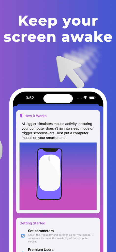 AI Mouse Jiggler - Screenshot of AI Mouse Jiggler app interface explaining how to keep a computer screen active by placing a mouse on the smartphone
