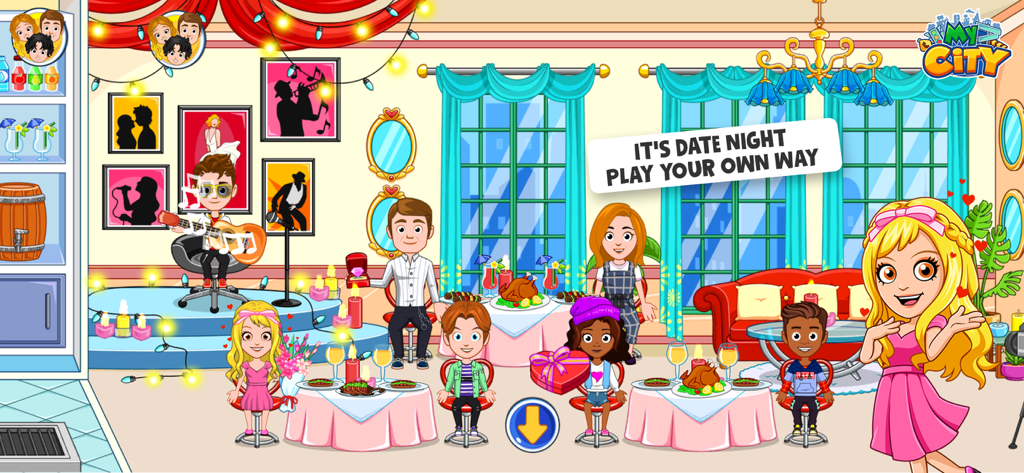 My City : Love Story - Cartoon characters having a romantic dinner at a restaurant in My City Love Story.