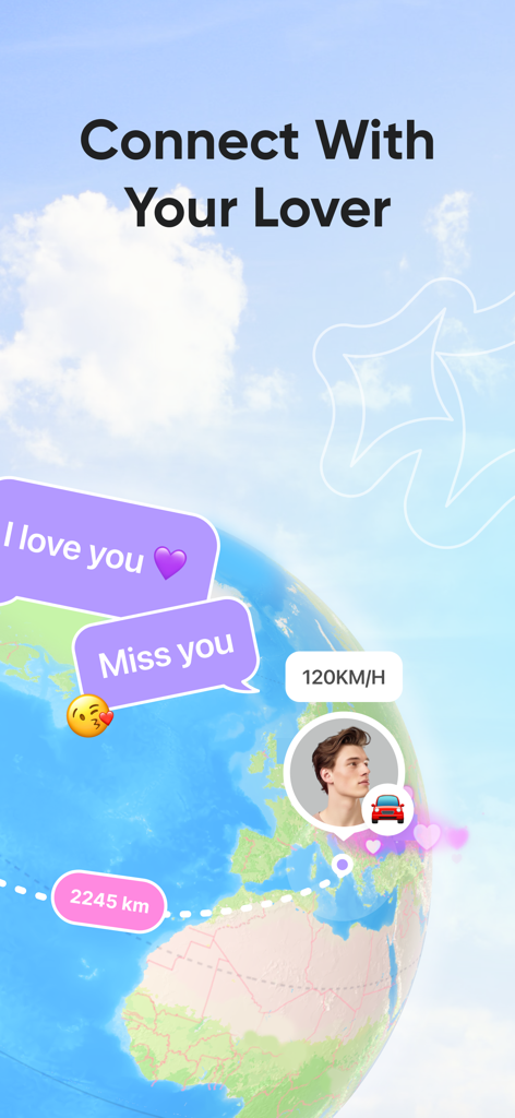 Écran de l'application Love8 montrant le partage de localisation en temps réel et le suivi de la distance pour les couples