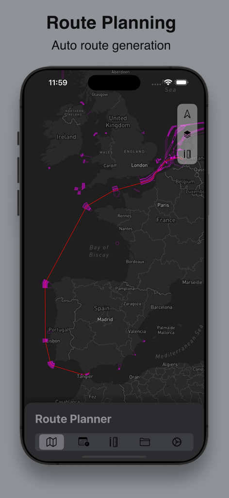 CVoyager - CVoyager mobile app displaying an automated maritime route across Western Europe
