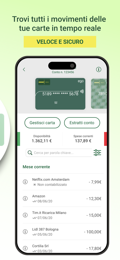 Interface of the Credem Banca app showing credit card management and a list of real-time transactions.