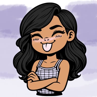 realistic girl crossing her arms and wearing a tank top with her tongue held out she has long hair