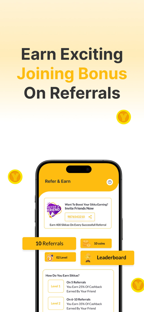YPay: Card & Payments - YPay app interface for earning referral bonuses and reward coins.