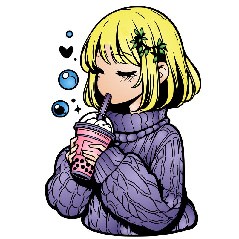 manga girl drinking boba in cozy sweater