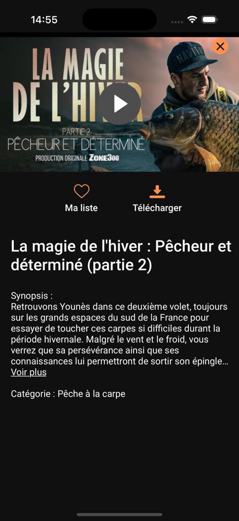 Zone300 app interface displaying a video description for a carp fishing documentary featuring a fisherman holding a large fish.