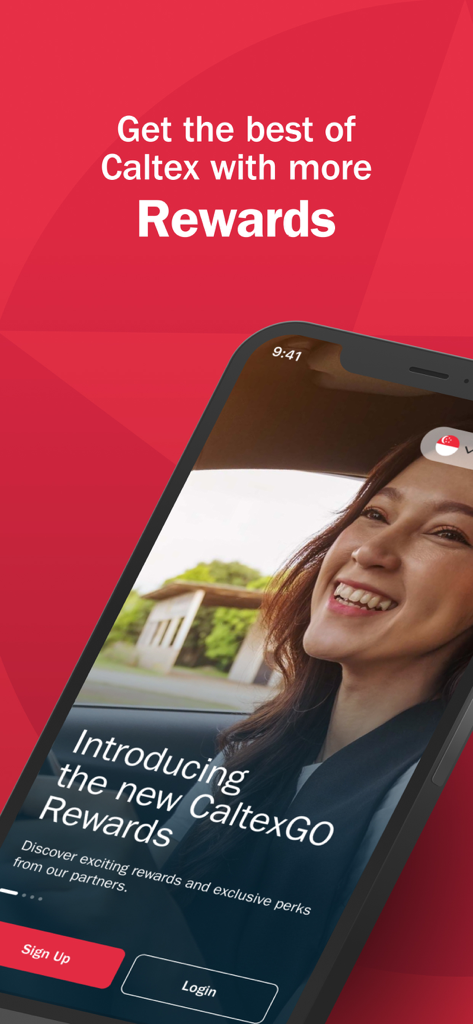 Welcome screen of CaltexGO Rewards app showing fuel loyalty program and sign up options