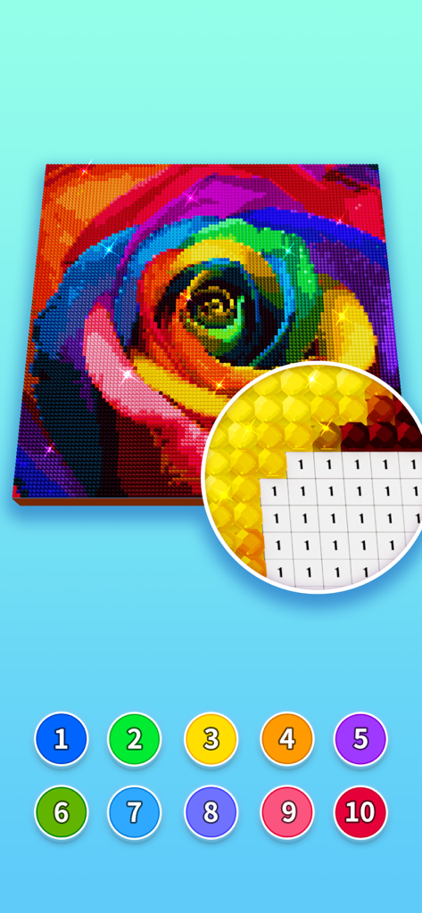 Diamond Painting by Number - A colorful rose mosaic being filled with shiny diamonds in a paint by number app