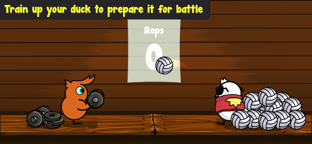 Duck Life 7: Battle - Orange duck character lifting weights in a training mini-game