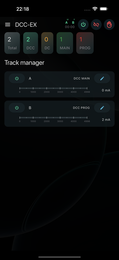 DCC-EX Cab app track manager screen showing power and current status for model railroad tracks