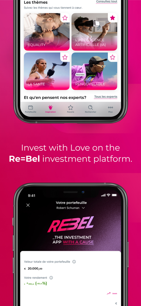 L'application mobile Belfius présente la plateforme d'investissement Re=Bel avec des thèmes ESG comme l'égalité et les énergies renouvelables, ainsi qu'un aperçu du portefeuille.