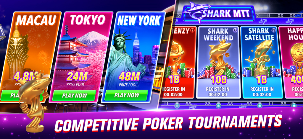 Poker Frenzy - Texas Holdem - Écran de sélection de tournoi de poker compétitif présentant les lieux Macao, Tokyo et New York avec des cagnottes d'un milliard de jetons.