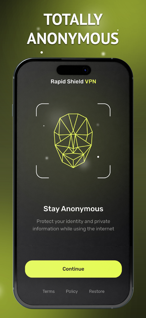 Rapid Shield VPN - Secure&Fast - Rapid Shield VPN app interface showing the Stay Anonymous feature with a geometric face icon and a continue button.