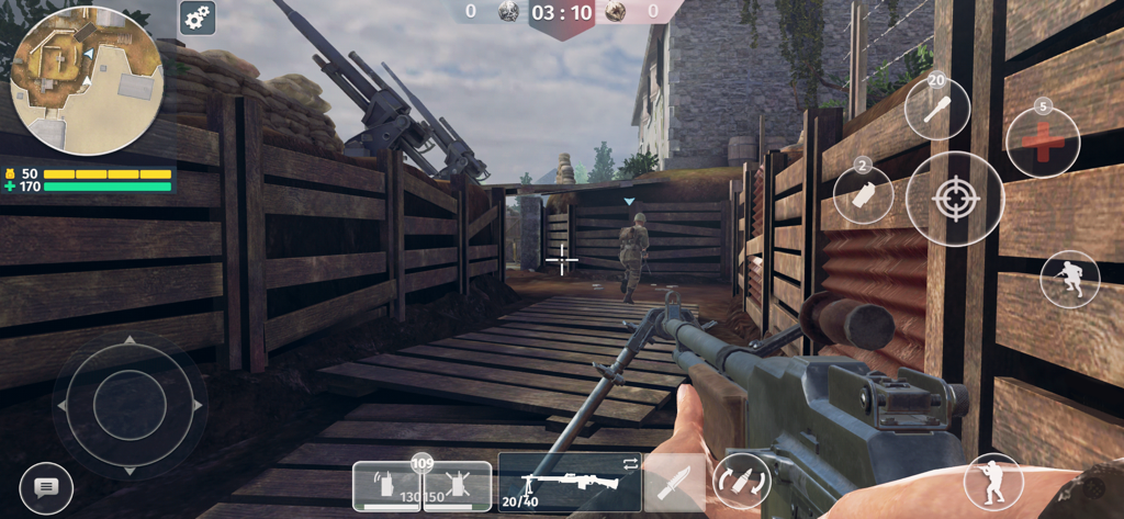 First-person perspective of trench warfare in World War 2: Army FPS Shooter featuring historical weapons and HUD elements.