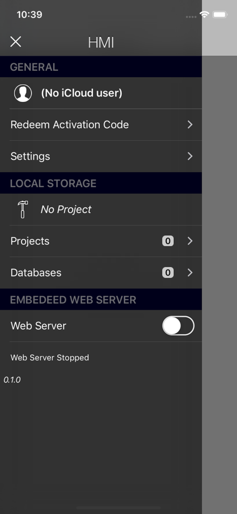 HMI Viewer app settings and storage menu interface