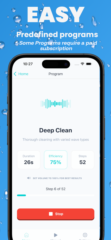 Water Eject - Sonic Dry - Iphone screen displaying the Deep Clean program of the Water Eject app with progress bar and sound wave visualization