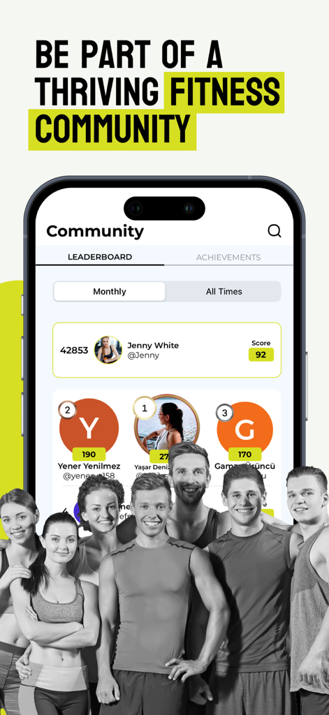 Urban Active fitness app community leaderboard showing user rankings and monthly scores