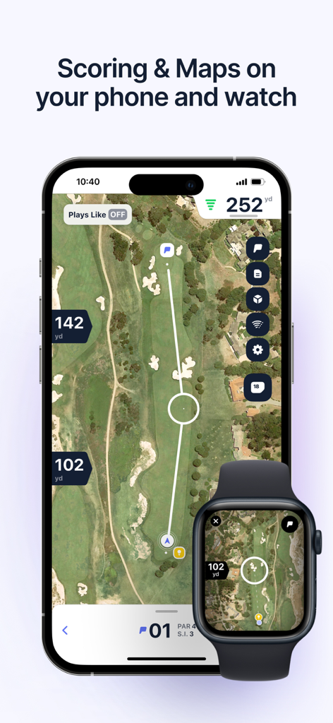 Hole19: Golf GPS Range Finder - Hole19 Golf-App zeigt Luftbildkarten und GPS-Entfernungen auf einem iPhone und einer Apple Watch an.