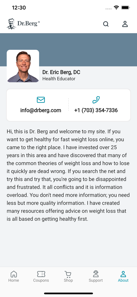 Dr. Berg - The about page of the Dr Berg app featuring Dr Eric Bergs photo and contact information