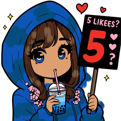 girl with over sized hoodie drinking boba with a sign that says 5 likes?