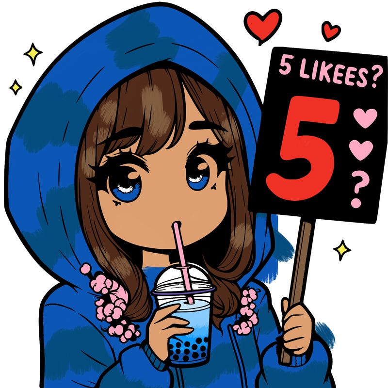 girl with over sized hoodie drinking boba with a sign that says 5 likes?