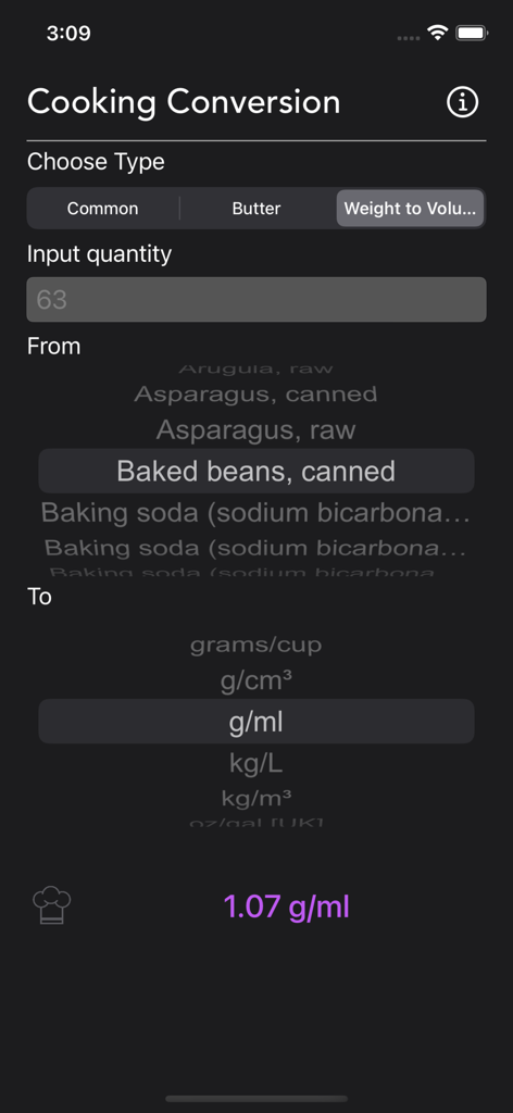 Pantalla de conversión de peso a volumen para frijoles horneados enlatados en la aplicación Conversión de Cocina