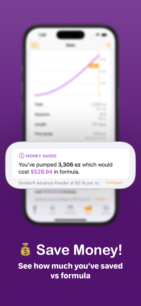 Pump Log® - Track Breast Milk - Screenshot of Pump Log app showing a calculator that tracks money saved by pumping breast milk compared to formula costs.