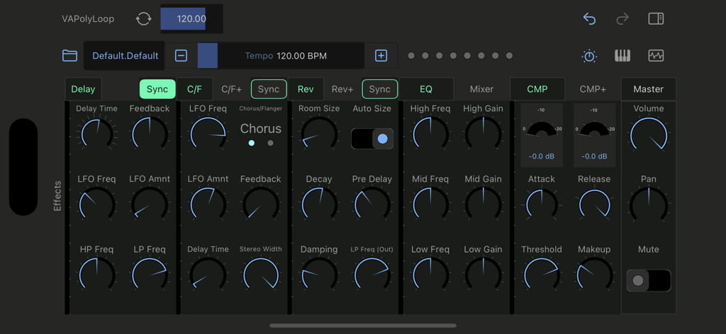 VAPolyLoop - Aplicación VAPolyLoop que muestra el rack de efectos con controles para delay, chorus, reverb, ecualizador y compresión