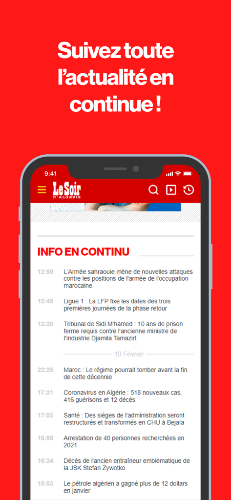 Le Soir d'Algérie - Officiel - Le Soir d'Algerie mobile app interface displaying a continuous news feed with Algerian and international headlines in French.