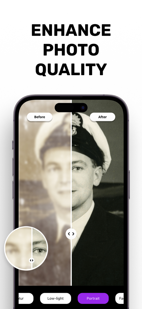 Comparación del antes y después de una foto militar antigua restaurada con el potenciador Goru AI