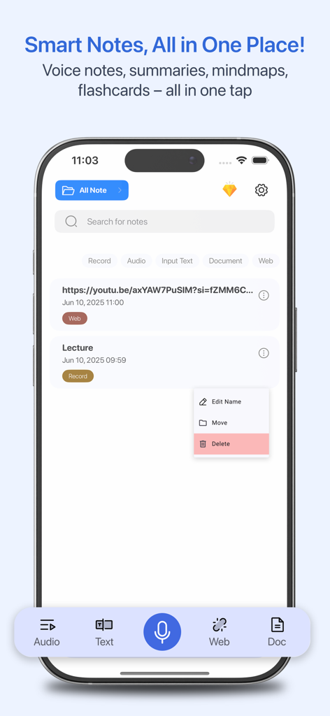 SuperLearn Note Taker &Quizlet - A screenshot of the SuperLearn Note Taker app showing a list of notes from web links and audio recordings.