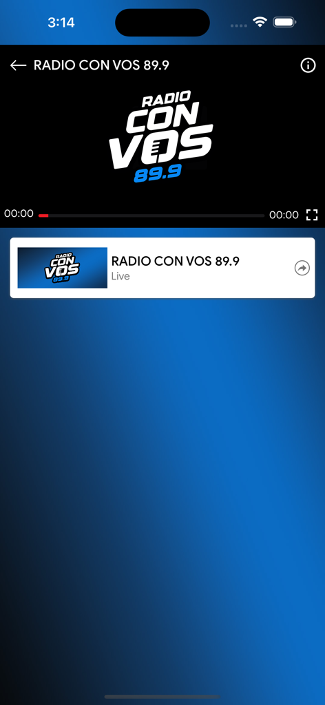 Interface do player de streaming ao vivo do aplicativo Radio Con Vos 89.9