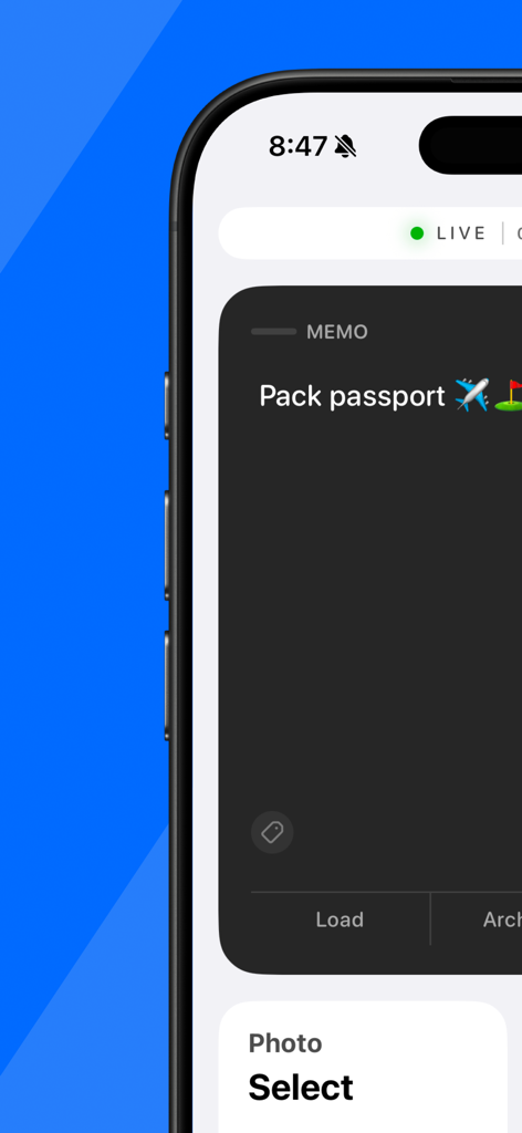 LiveNote: Note on Lock Screen - A mobile app interface for creating a lock screen memo saying Pack passport with travel emojis.