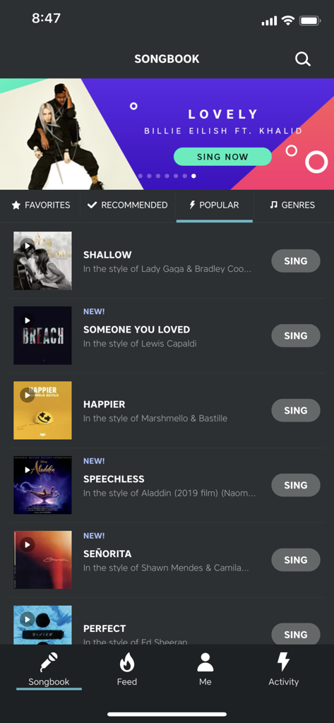 Sing by Stingray app songbook screen showing a list of popular karaoke songs like Shallow and Someone You Loved